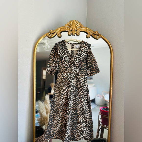 Ganni denim brown leopard midi dress nwt side 34 small - Picture 2 of 2